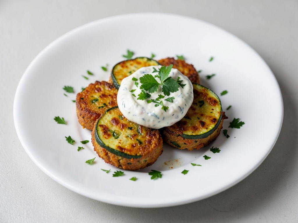 Polpette vegane di zucchine e carote con salsa di yogurt di soia e prezzemolo