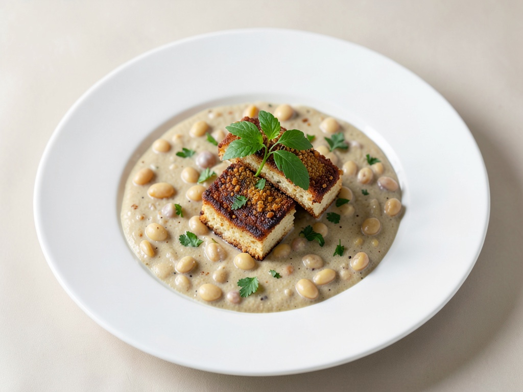 Guiso cremoso de judías con tofu ahumado crujiente