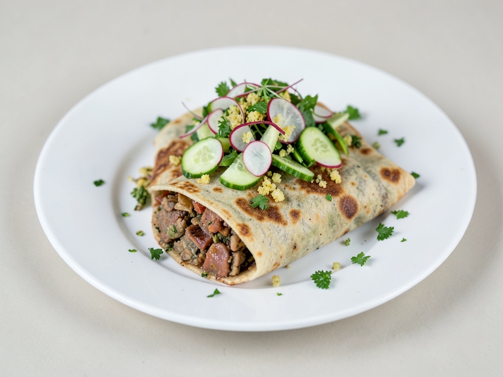 Wrap vegani di polpette con insalata croccante di cetrioli e ravanelli