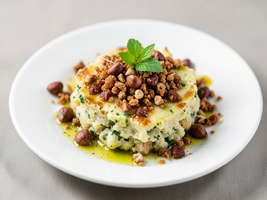 Gratinato vegano di cavolfiore con croccante d'avena al teriyaki e olio al limone