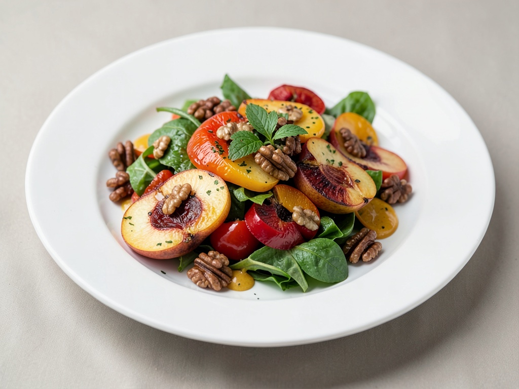 Insalata vegana alla griglia con peperoni, pesche e noci tostate