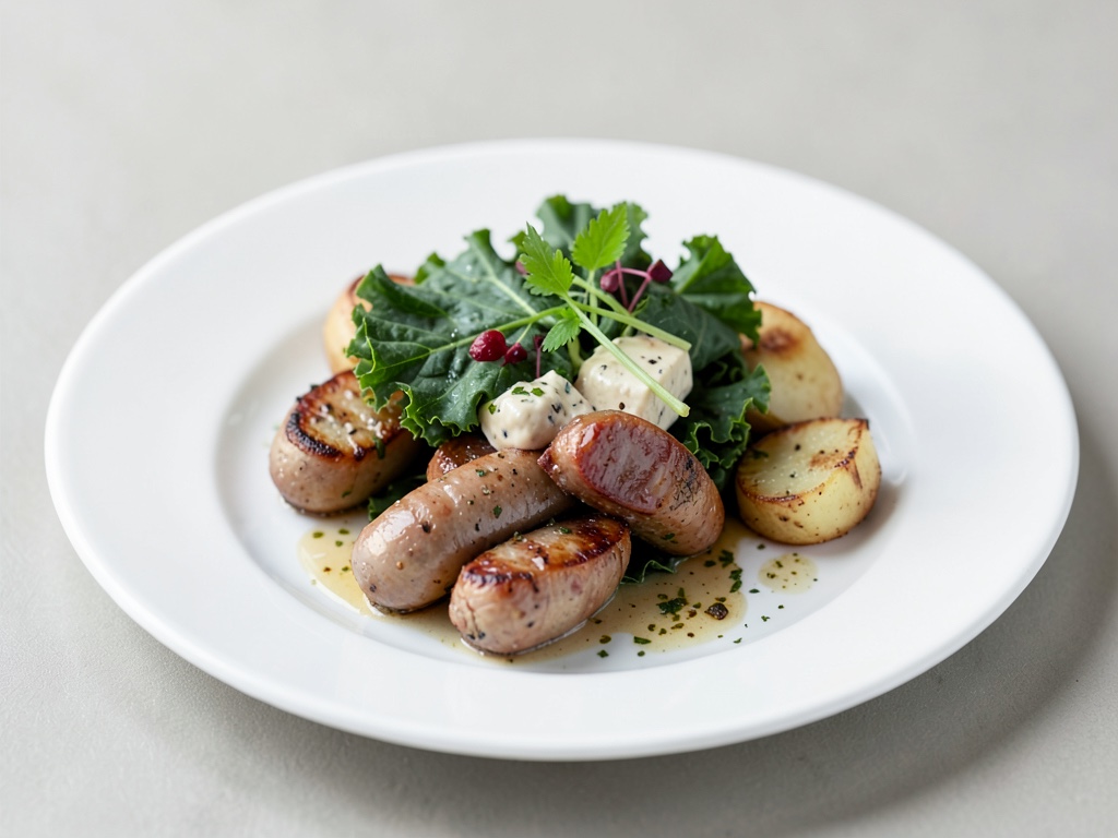 Chou frisé vegan au tofu fumé et saucisses végétales avec pommes de terre caramélisées