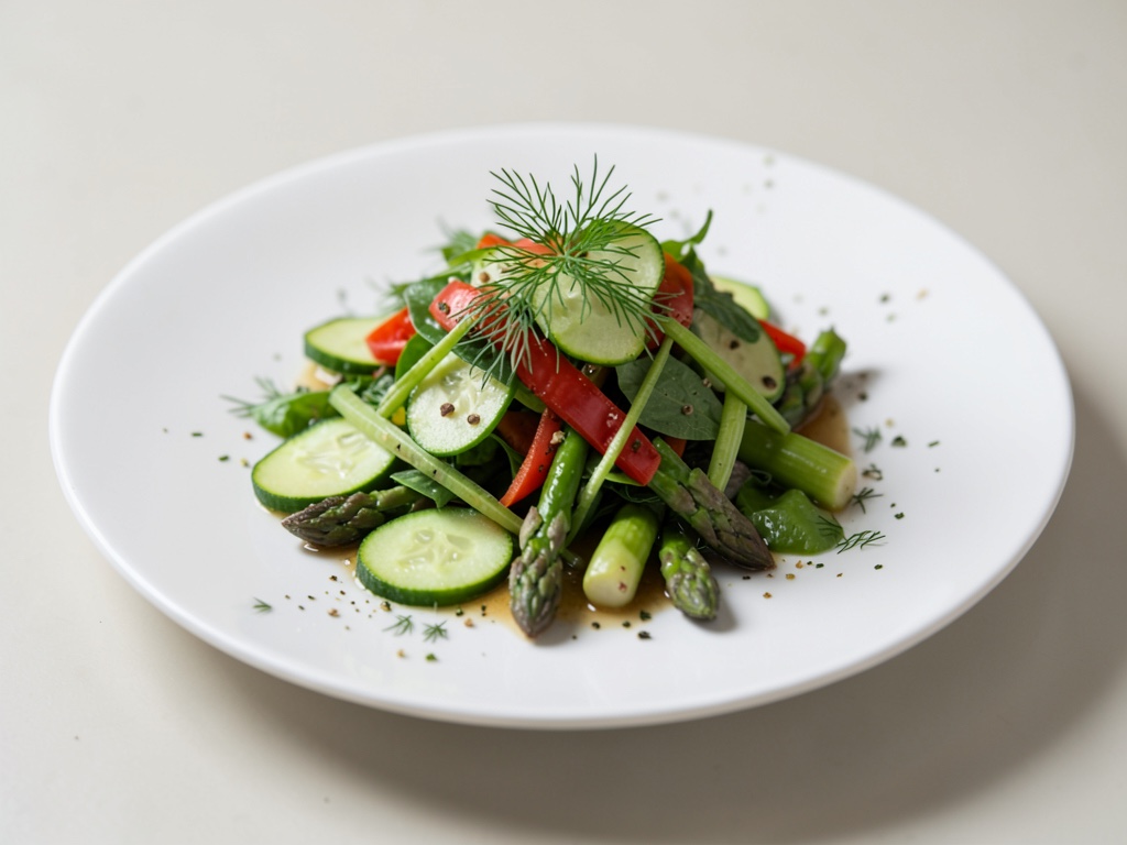 Fresco insalata vegana di cetriolo, asparagi, peperone e aneto