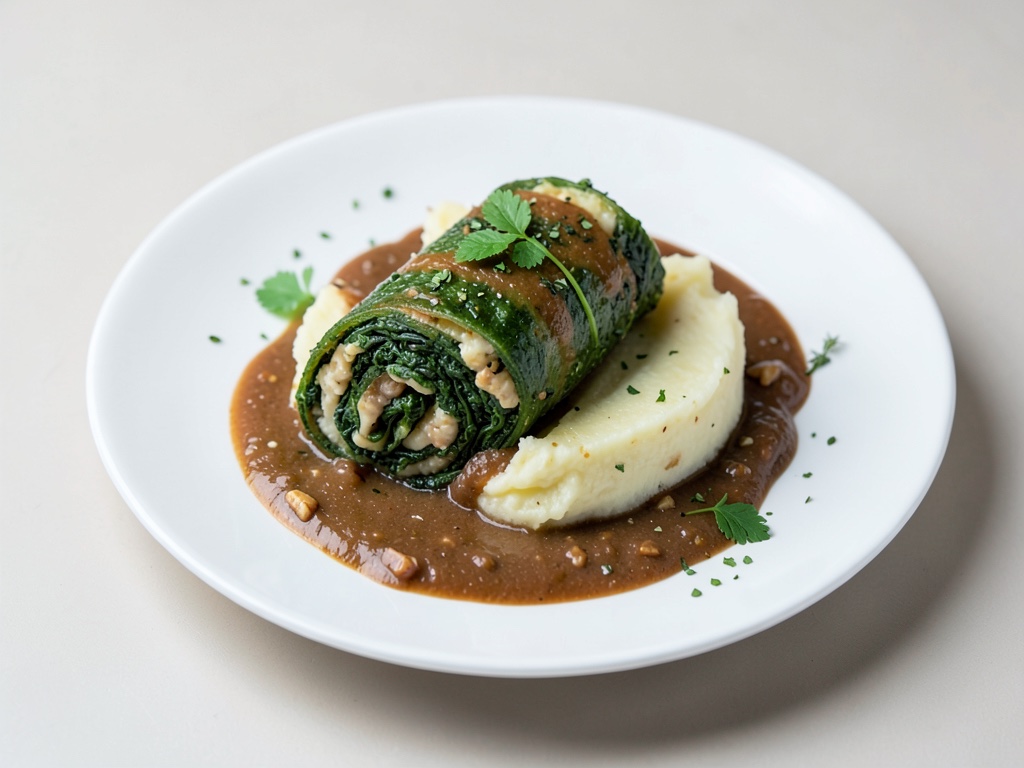 Strudel végétarien de viande hachée et épinards avec purée de pommes de terre et sauce brune