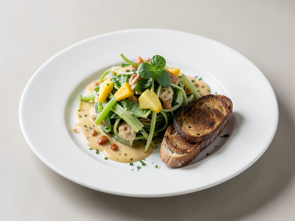 Bowl di insalata vegana a base di porro con ananas e fette vegetali su pane