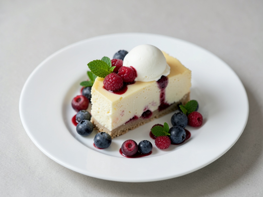 Vegane New-Yorker Frischkäsetorte mit Beeren und Vanilleeis