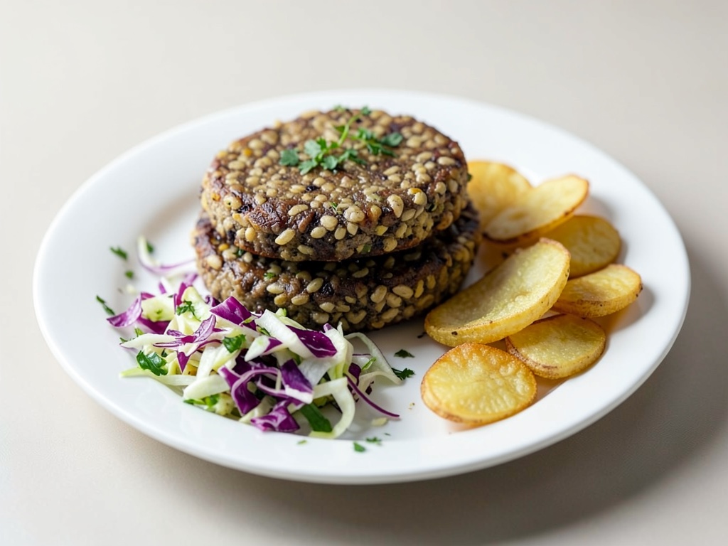 Burger vegani di quinoa con insalata di cavolo e patatine
