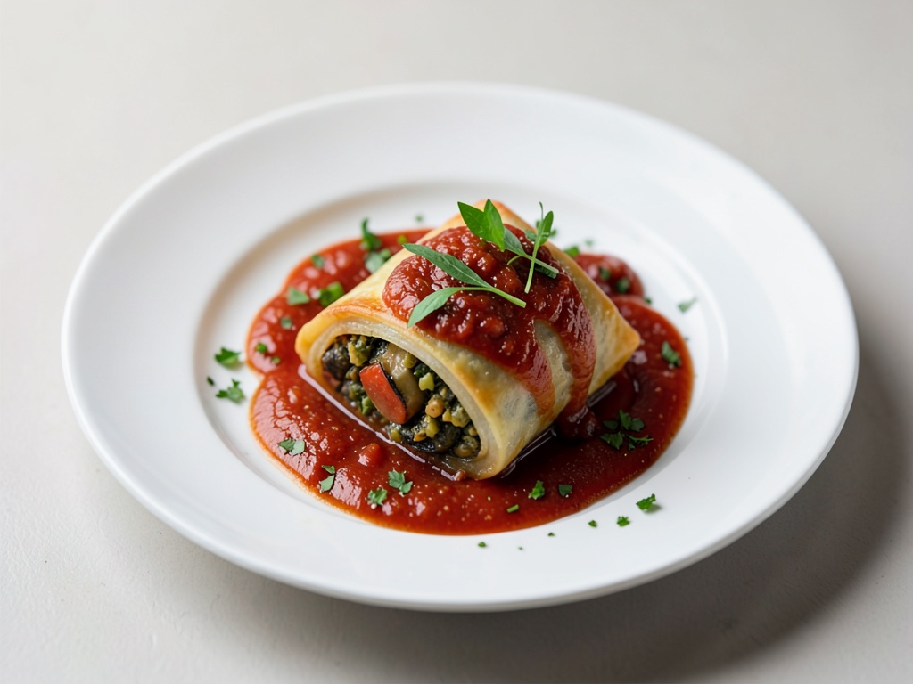 Strudel vegano di ratatouille su sugo di pomodoro