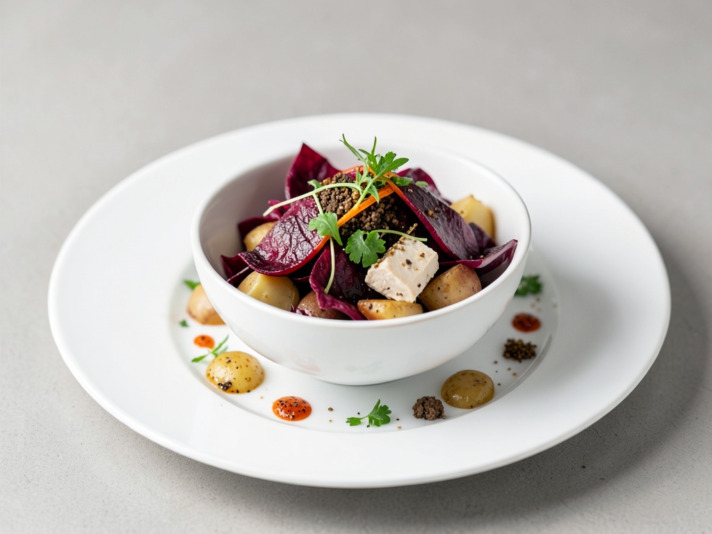 Bowl di insalata di barbabietola rossa vegana con tofu affumicato e patate