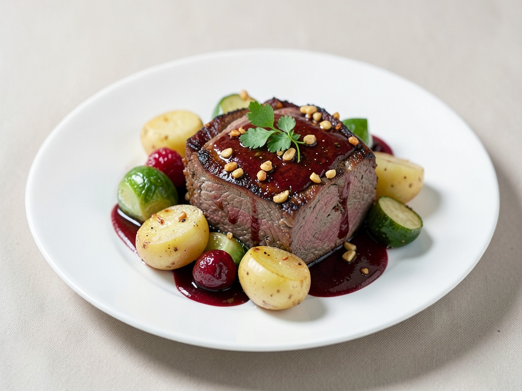 Brasato vegano di porcini e noci con schupfnudeln, verdure di cavolo di Bruxelles e mirtilli rossi e salsa al vino rosso