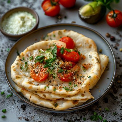 Pan naan vegano con guacamole y salsa de tomate y alcaparras