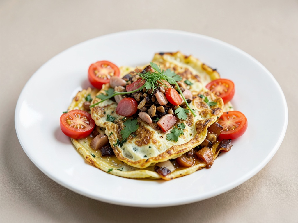 Tortilla de huevo vegana con sustituto de carne de pastor y tomates