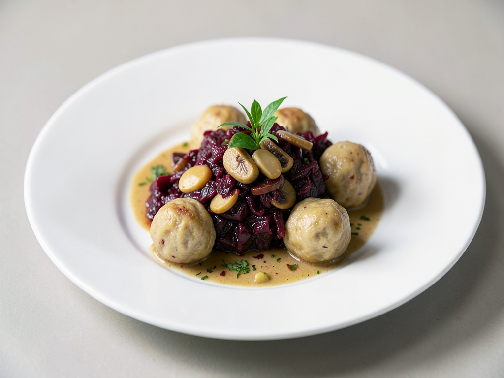 Gulasco di funghi vegano con cavolo rosso e gnocchi