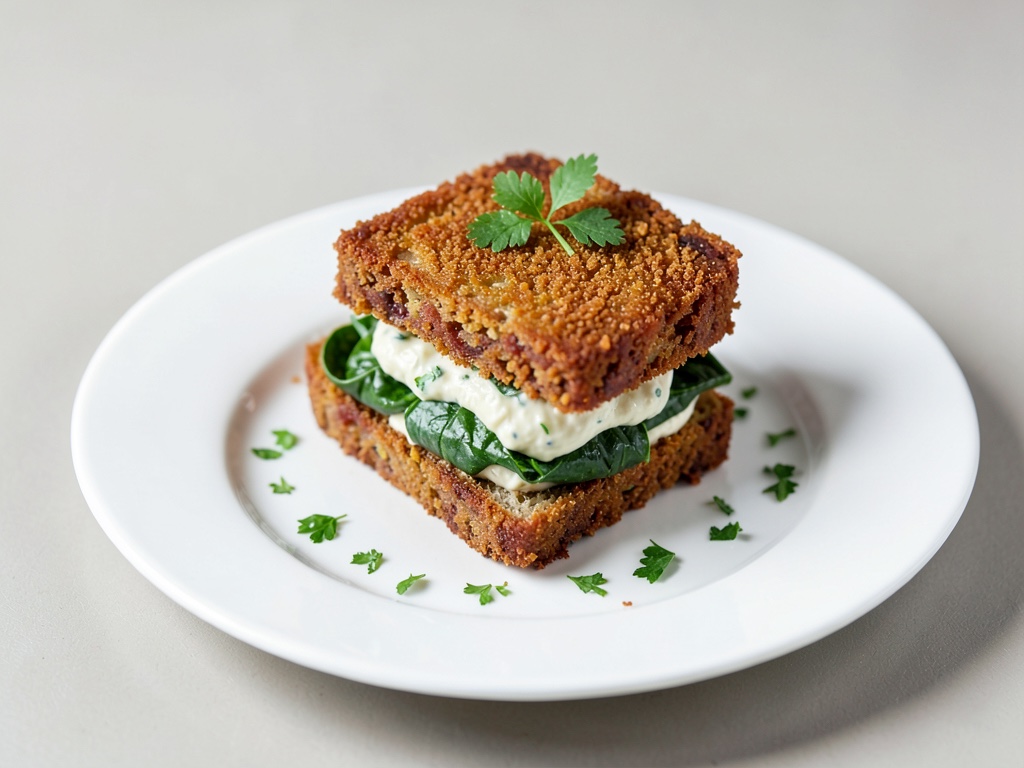 Sándwich vegano crujiente con crema de espinacas