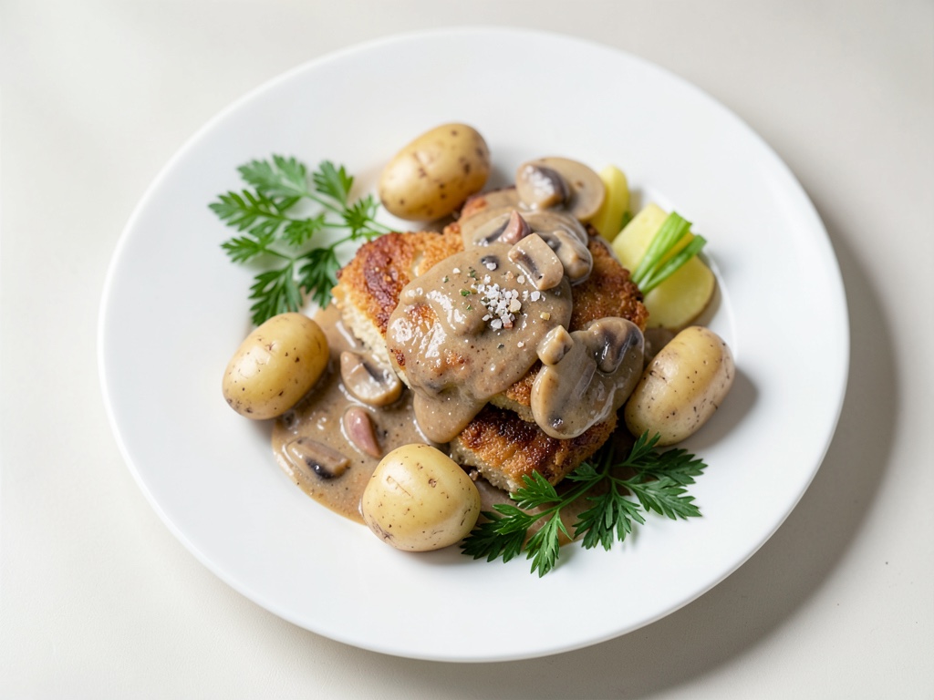 Cotoletta vegana con salsa ai funghi e patate al prezzemolo