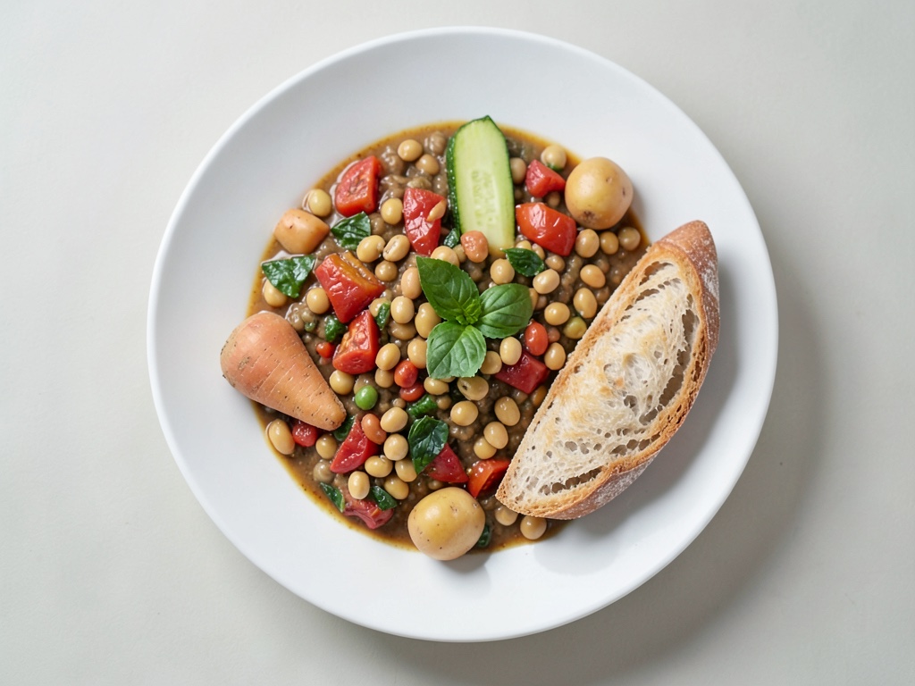 Minestrone de verduras con baguette tostado y crema de frijoles