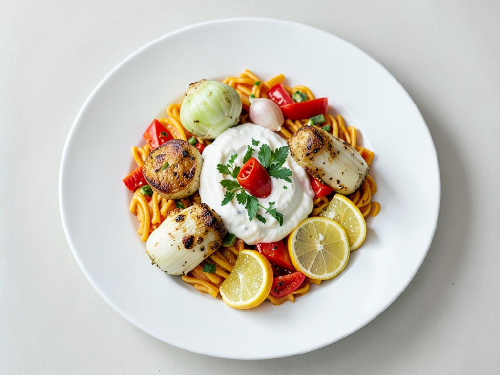 Paella vegetariana con carciofi fritti e yogurt al lime