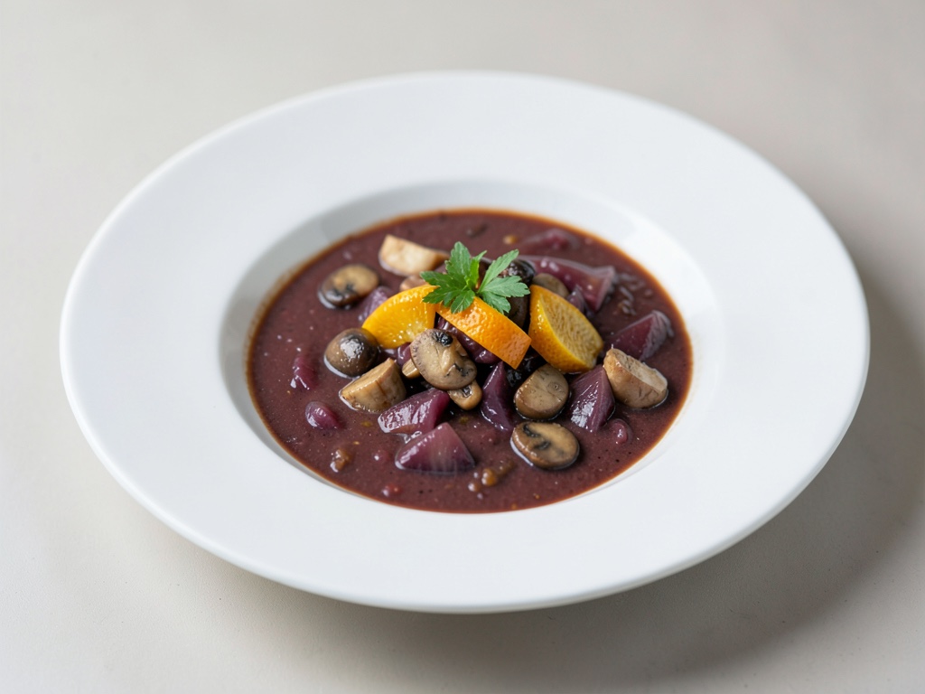 Sopa acogedora de col rojo con champiñones y naranja