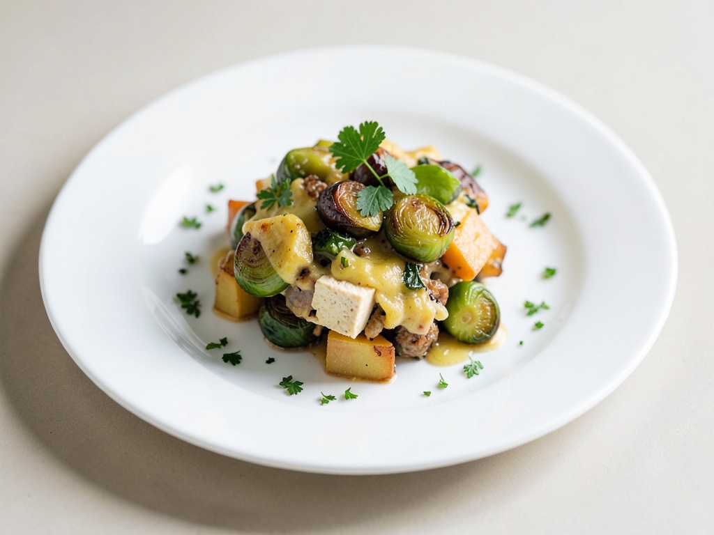 Gemütlicher Rosenkohl-Kartoffel-Auflauf mit Tofu