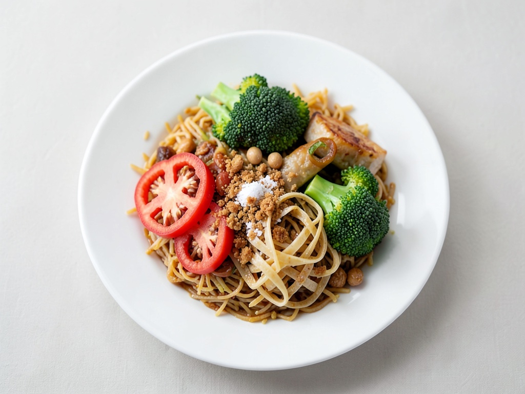 Nasi Goreng vegetariano con crepes asiatiche e crunch di arachidi e cipolle fritte