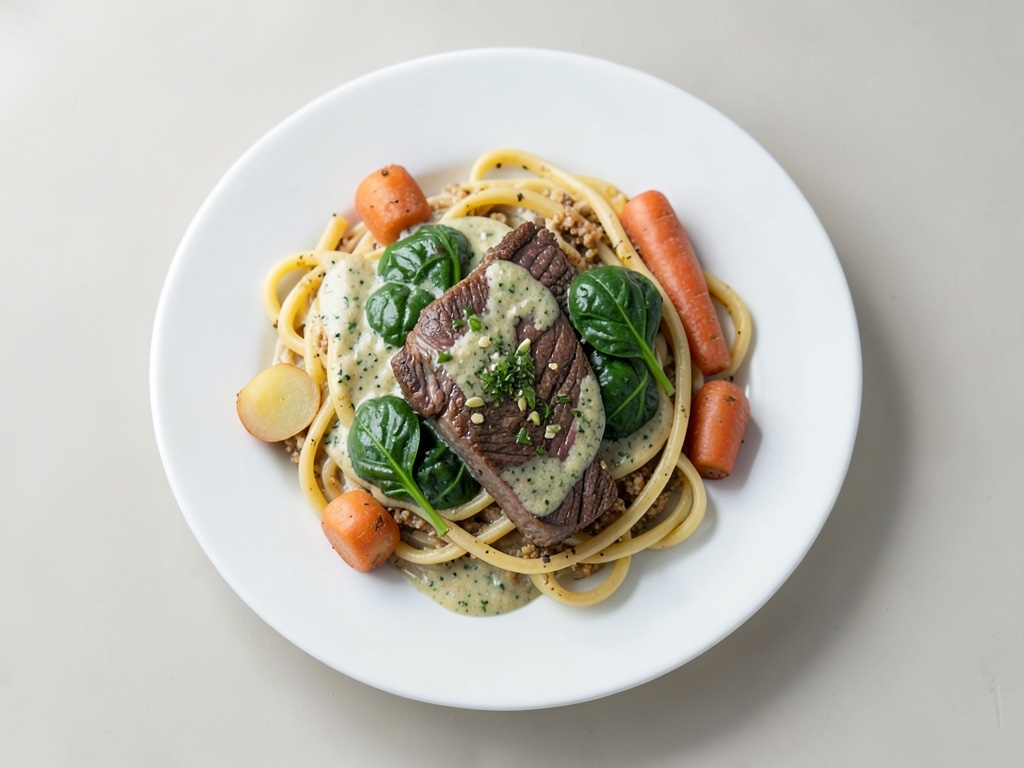 Pasta integrale con bistecca di manzo e salsa di spinaci e panna