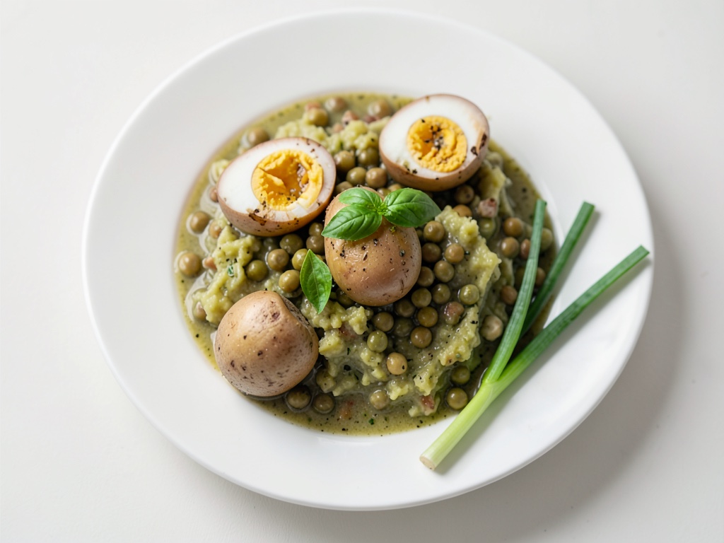 Uova alla coque su purè di piselli e patate con crema al basilico