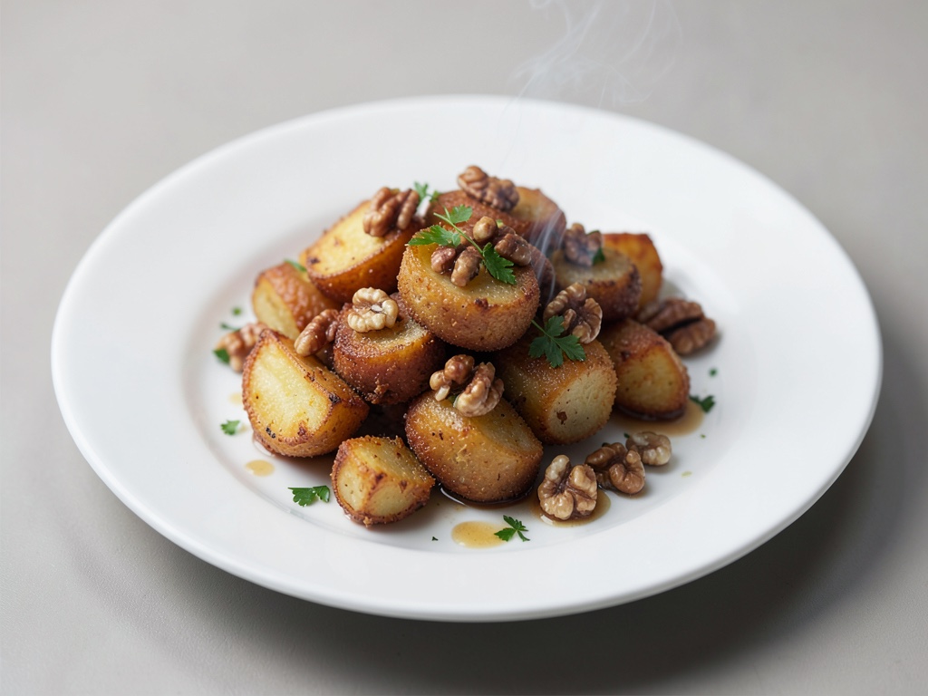 Patate croccanti con noci e tofu affumicato