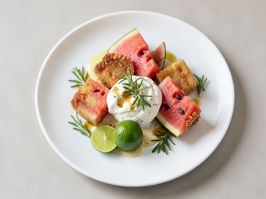 Gegrillte Wassermelone mit Honig-Joghurt und knusprigem Rosmarin