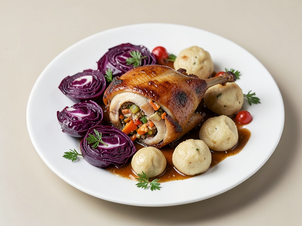 Anatra di Natale croccante con ripieno di frutta, cavolo rosso e gnocchi