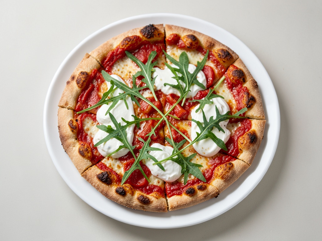 Weiße Pizza mit Fenchel, Crème fraîche, Rucola und Tomatengremolata