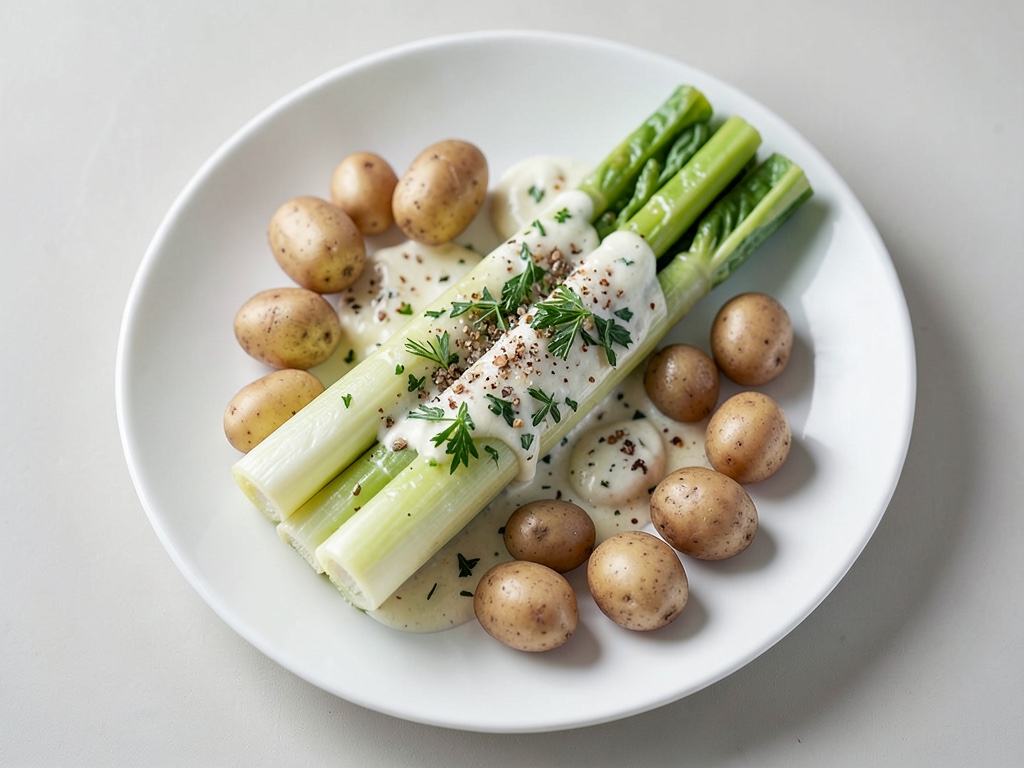 Tendre asperge blanche avec trempette aux herbes et pommes de terre dorées