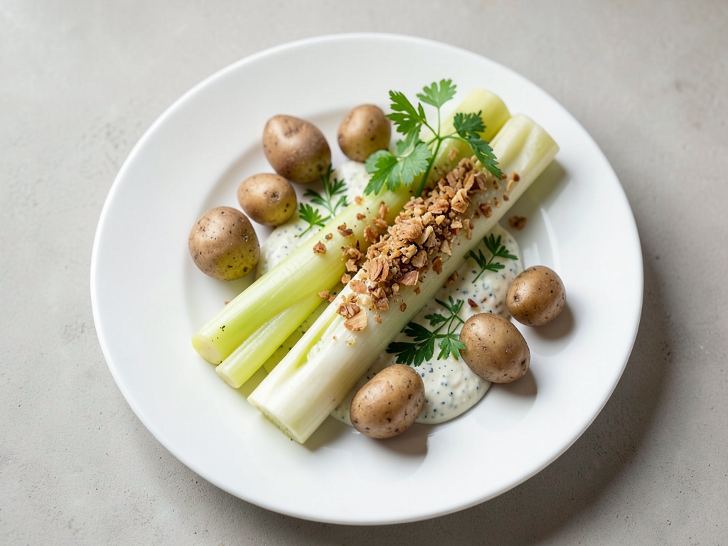Chips de chapelure sur asperges blanches avec pommes de terre au four et sauce ciboulette