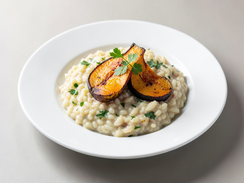 Risotto crémeux au vin blanc et courge rôtie aromatique