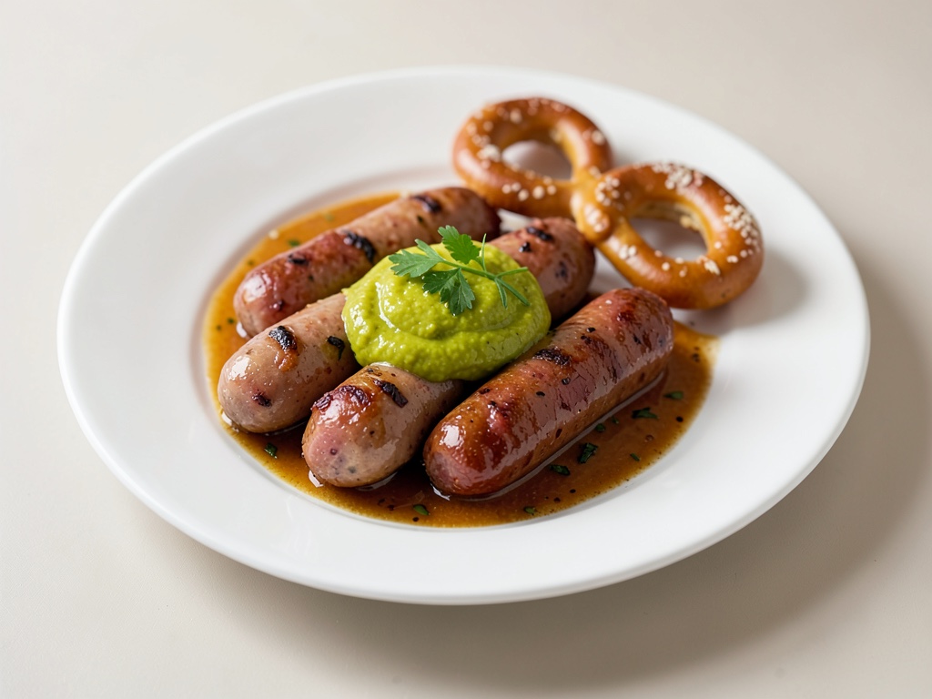 Salchichas blancas bávaras con mostaza dulce y pretzels frescos