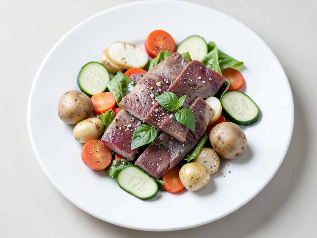 Salmone selvatico con insalata croccante di patate e frutta