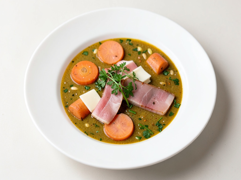 Sopa cremosa de col rizada y puerro con zanahorias crujientes y jamón