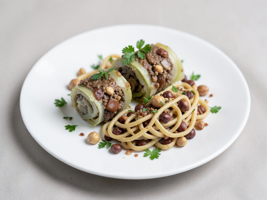 Rotolo di verza con ripieno di castagne e spätzle alle nocciole