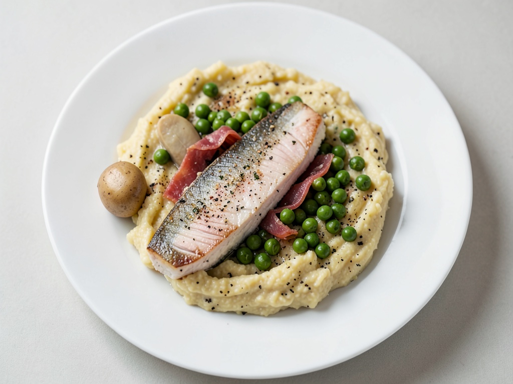 Bar rayé croustillant sur purée de pommes de terre crémeuse au lard avec petits pois sucrés