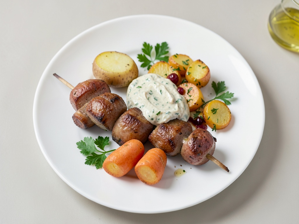 Spiedini di salsiccia con patatine al forno e verdure e salsa allo yogurt e senape