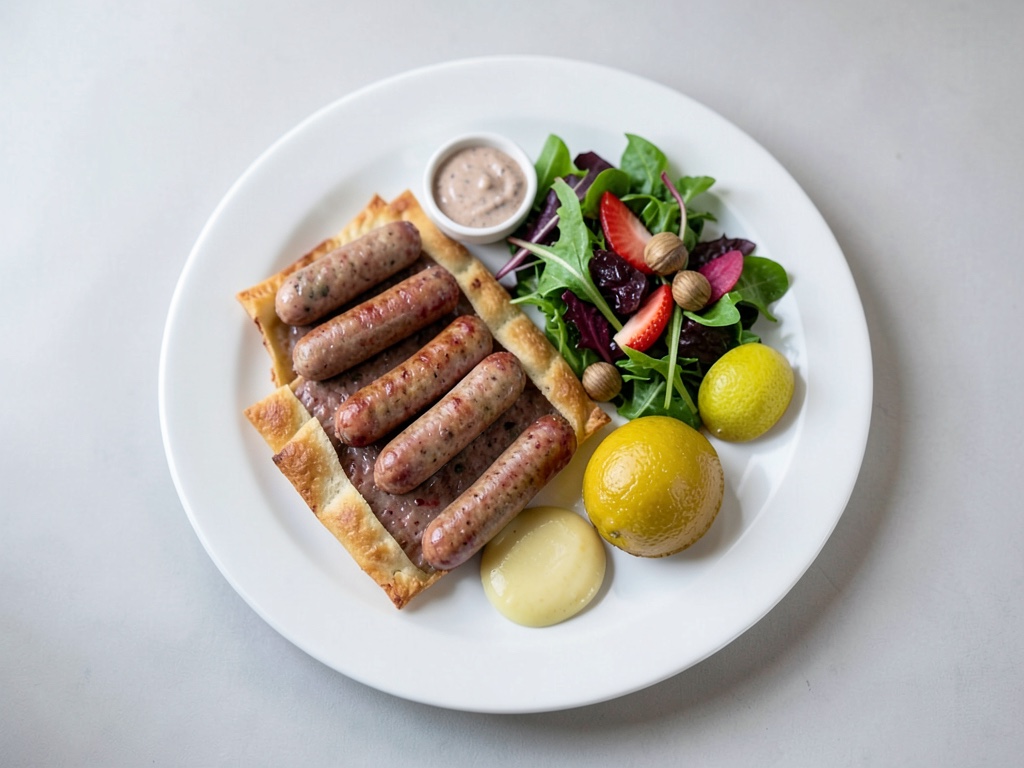 Salsicce al cartoccio con salsa di senape e mirtilli rossi e insalata di campo fresca con nocciole