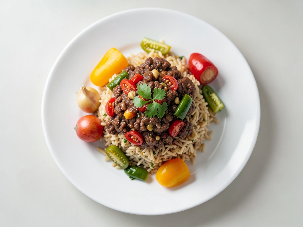 Épicé Chili con Carne avec crème aigre à l'origan et riz basmati