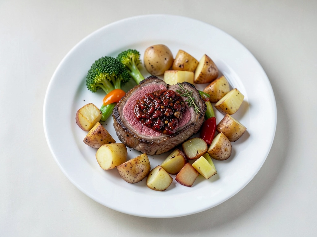Filetto di maiale aromatico con cavolo rapa e cubetti di patate croccanti