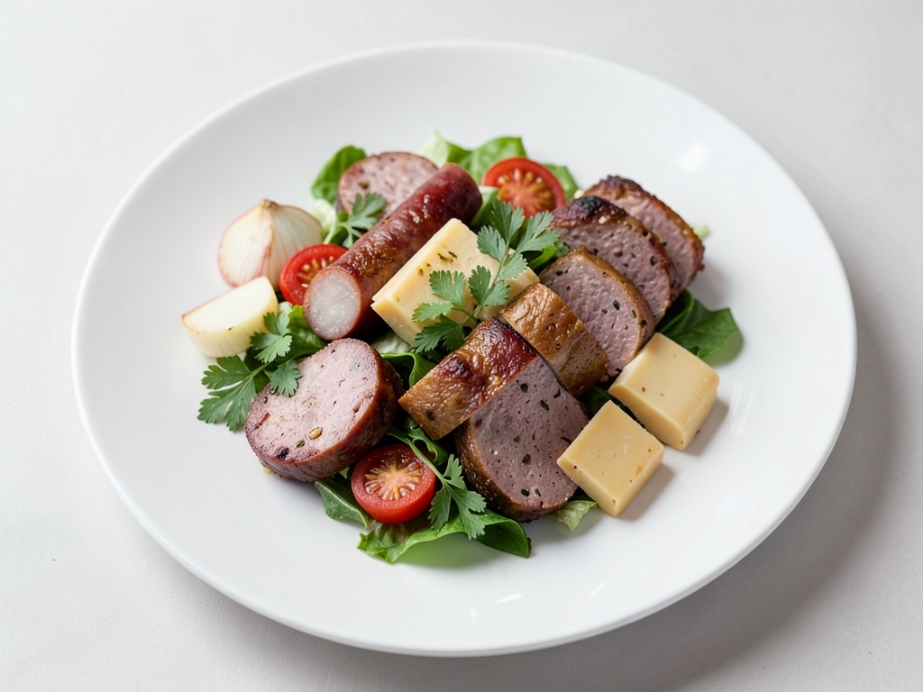 Insalata colorata con salsiccia di pollo, Gouda ed erbe