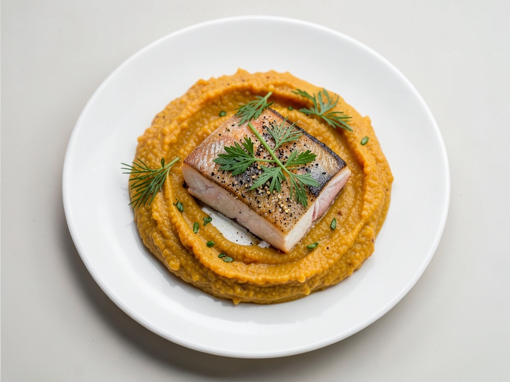 Zander croccante su crema di zucca con miscela fresca di erbe e limone