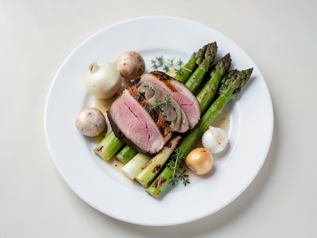 Tenderes filet de porc farci aux champignons, servi avec des asperges sautées