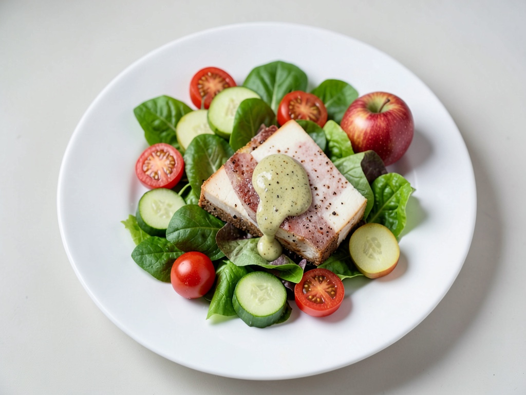 Bacon-wrapped goat cheese on fresh salad with spicy mustard dressing