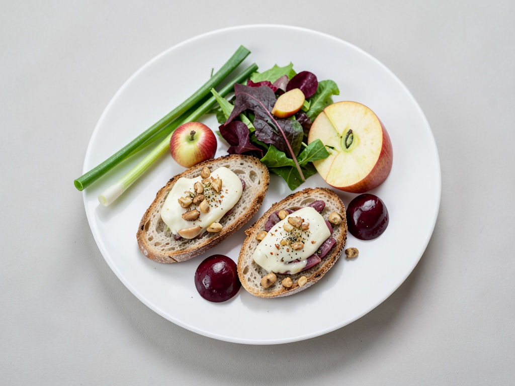 Crostini al formaggio di capra e noci con insalata di campo, mela e barbabietola