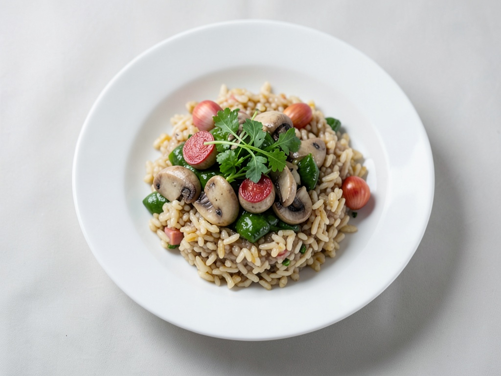 Risotto cremoso con formaggio di capra, funghi e cicoria