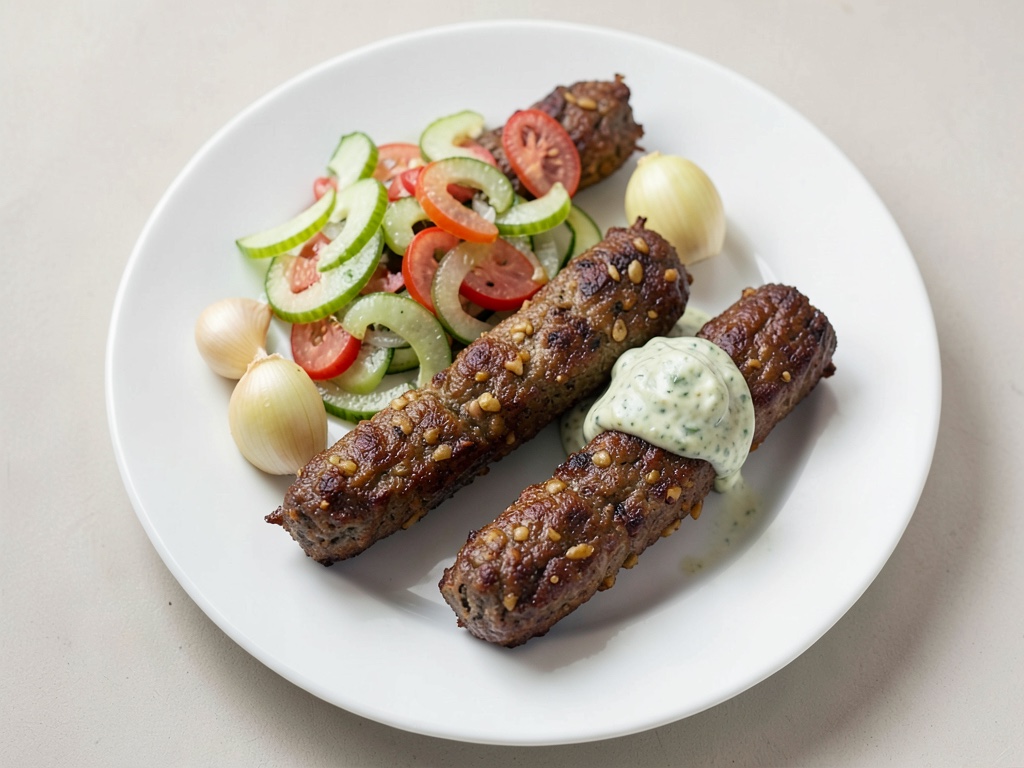 Kebab al cannella con insalata di cetrioli e salsa all'aglio