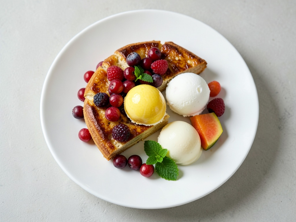 Zitronenwaffel mit Früchten und Eis